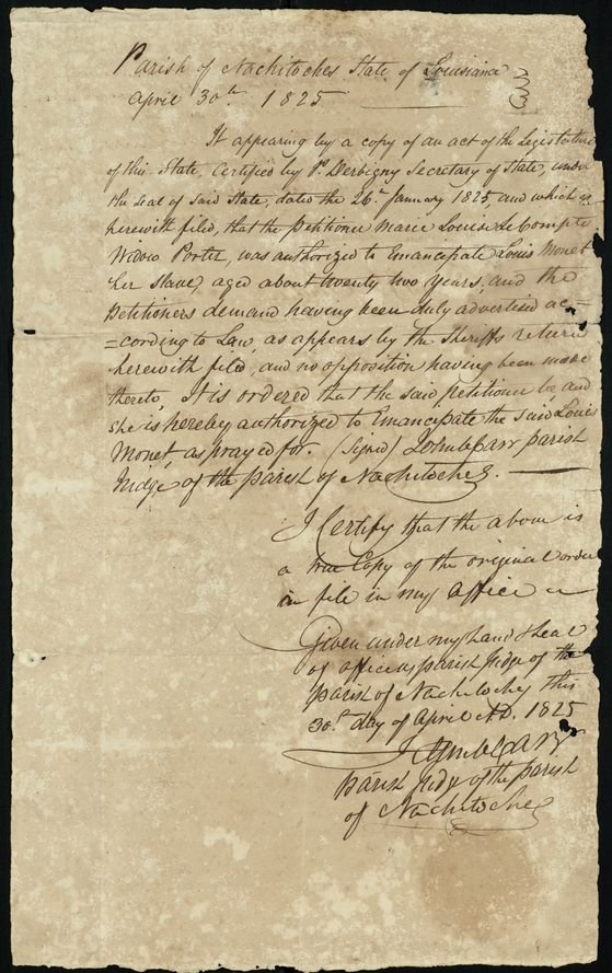 An old, handwritten document titled Parish of Natchitoches, State of Louisiana, April 30th, 1825, detailing legal proceedings. The text includes signatures and mentions of land ownership and legalities, with a worn appearance and ink stains.