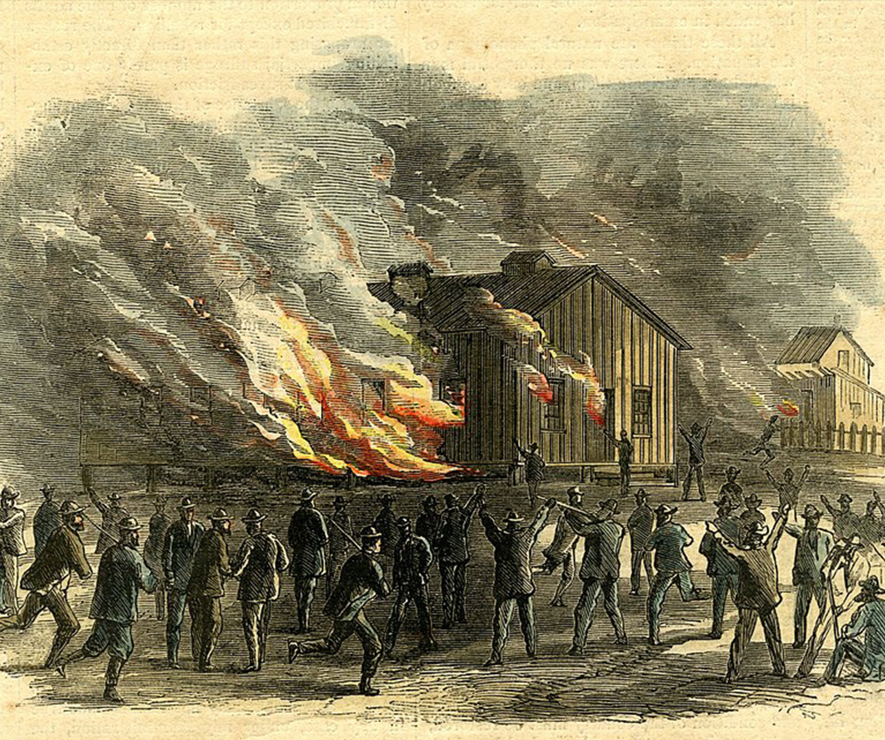 A historic illustration of a large group of people standing and gesturing towards a wooden building engulfed in flames and smoke. The crowd appears agitated, observing the intense fire.