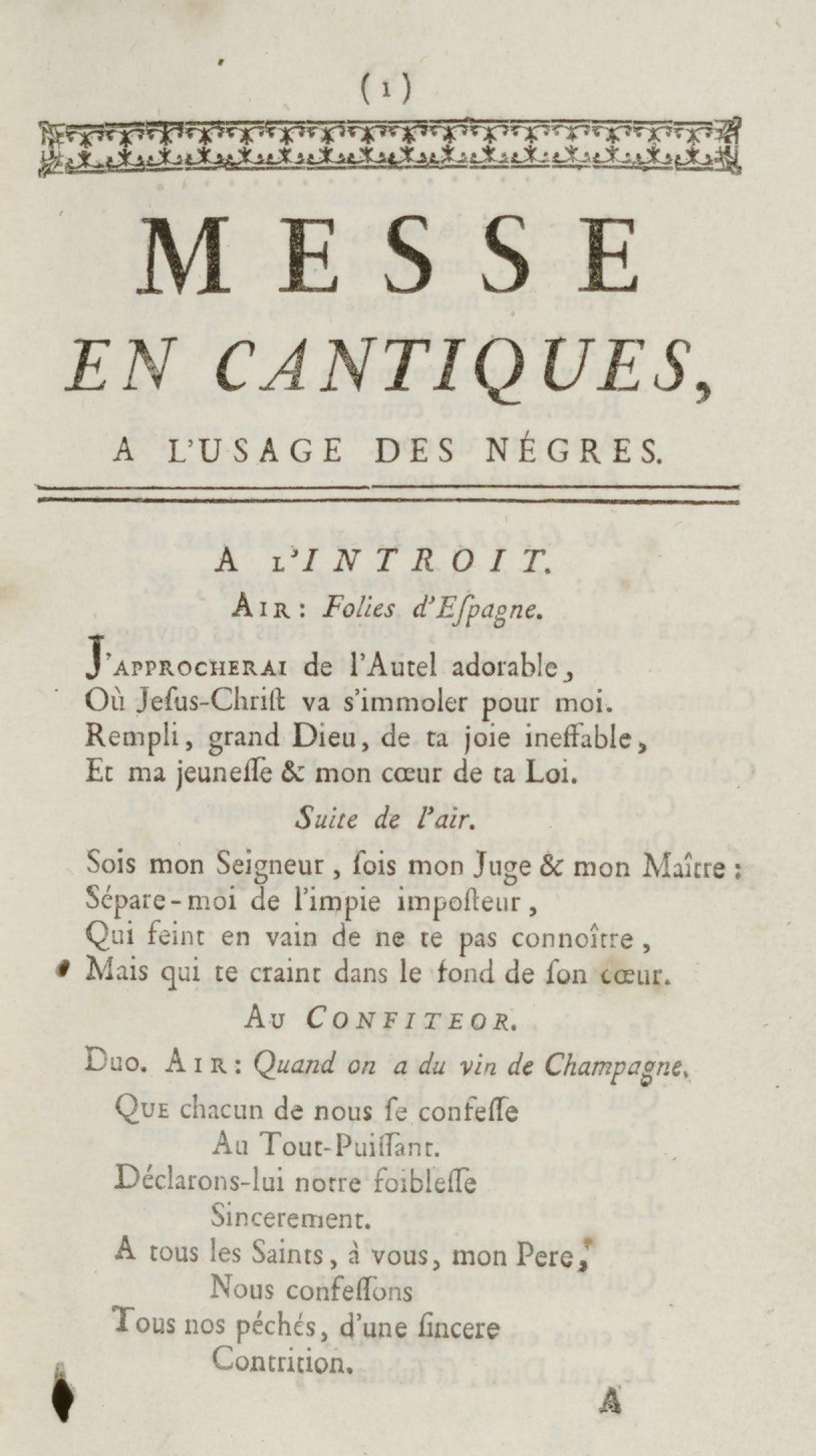 Page titled Messe en Cantiques, featuring French text for an introit and confiteor. The text includes a religious context, mentioning Jesus Christ and God, with instructions and parts of a religious service intended for a specific audience.