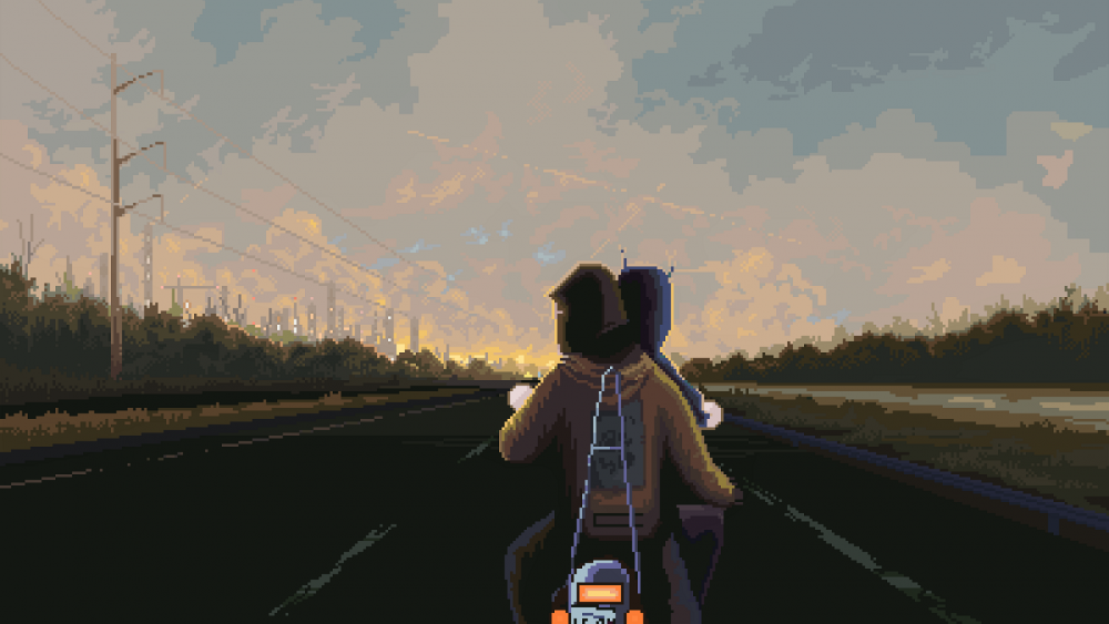 Pixel art of two people riding a motorcycle on a road at sunset. One person is wearing a hoodie, and the other has a guitar on their back. The sky is filled with pink and orange clouds, with trees lining the roadside.