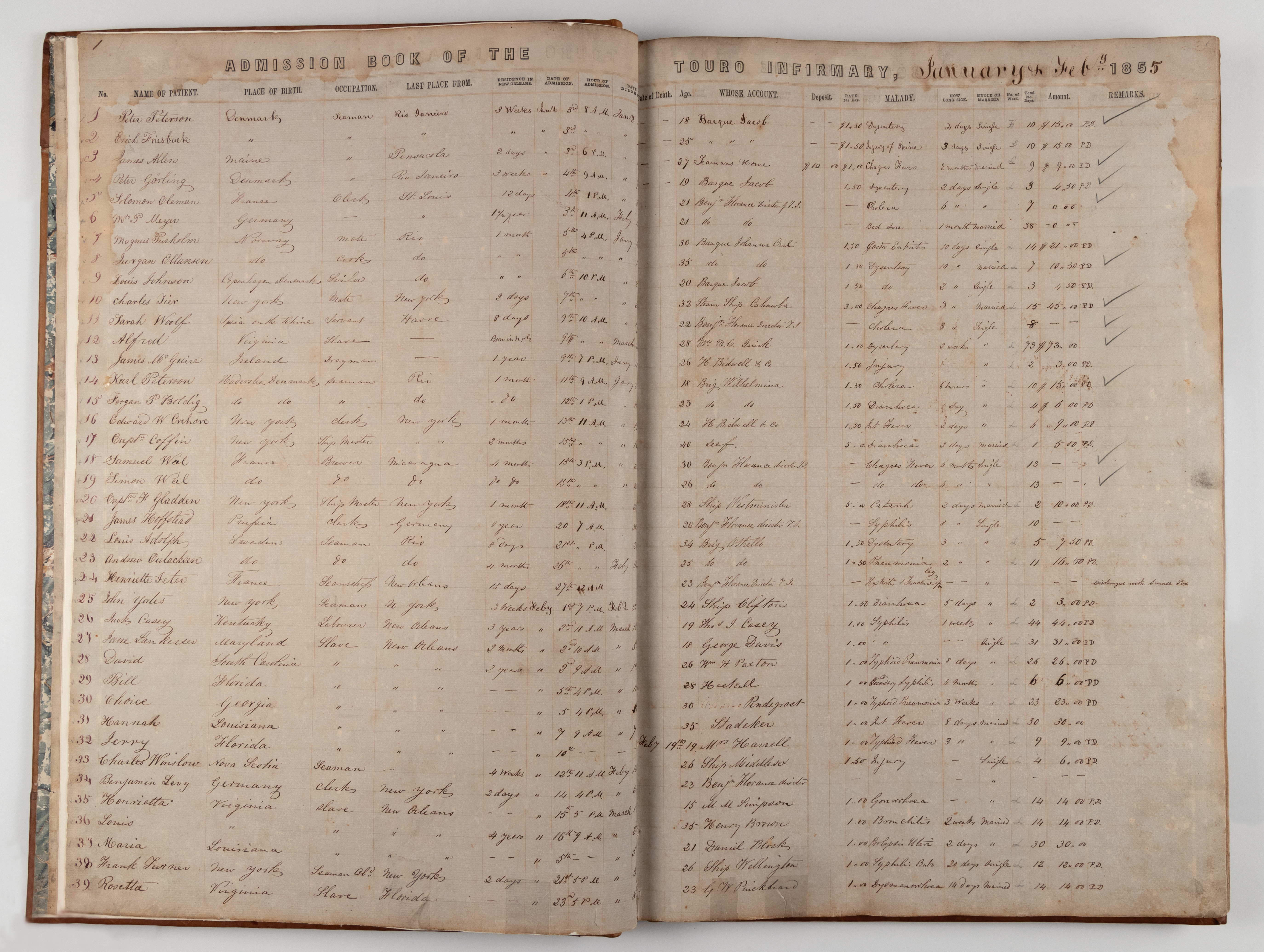 A view of the January through February 1865 entries in the Touro admission book.