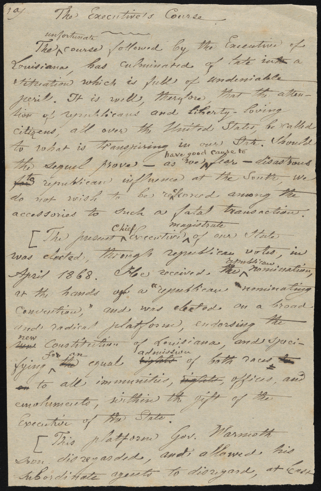 Handwritten text titled The Executives Course discussing the role and duties of a chief magistrate, the establishment and execution of laws, and the balance of honor in the appointment process. The script is cursive and slightly slanted.