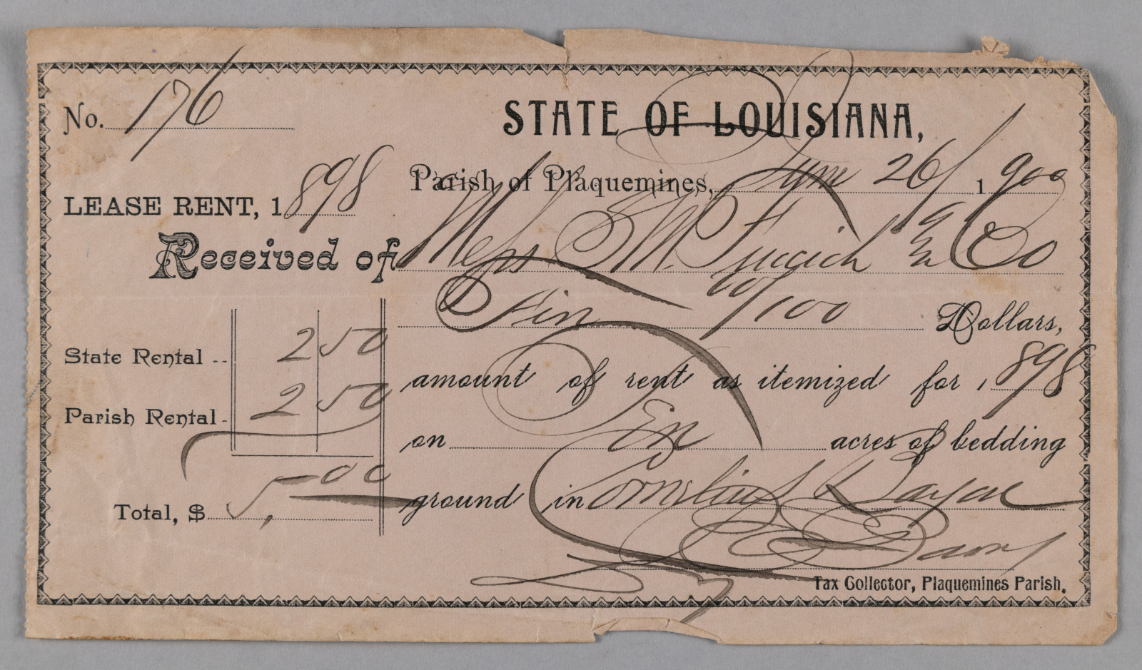 Receipt for S. M. Fucich & Co. for rent of bedding ground in Cornelius Bayou, 1900.