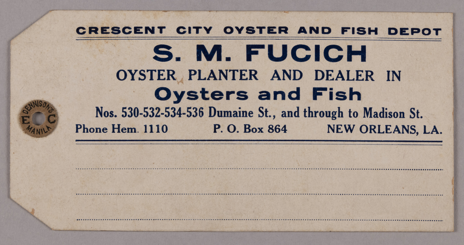 Crescent City Oyster and Fish Depot delivery tag, between 1906 and 1909.
