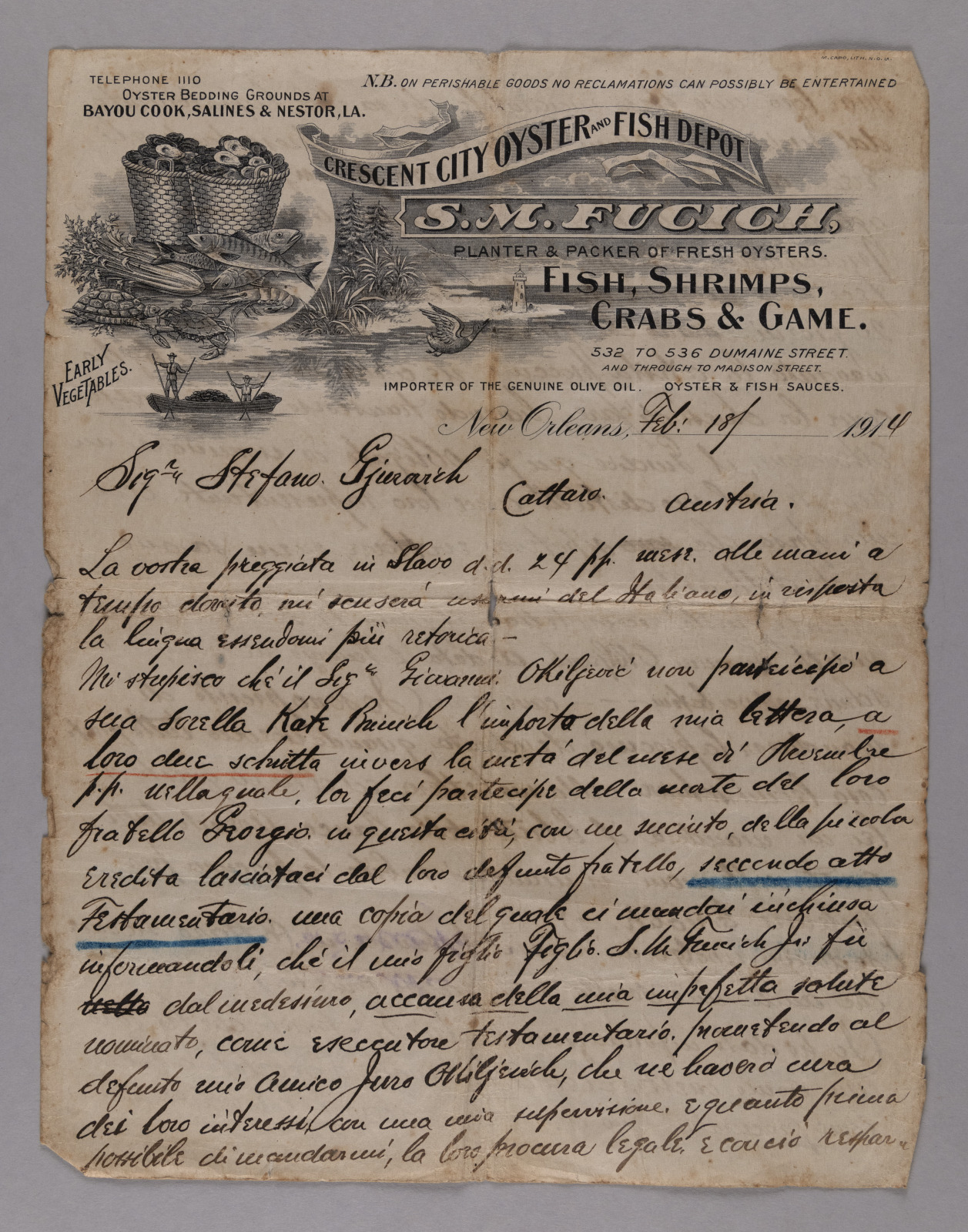 Letter from Sam Fucich to Stefano Gjurovich about Giovanni Okiljevic, 1914.