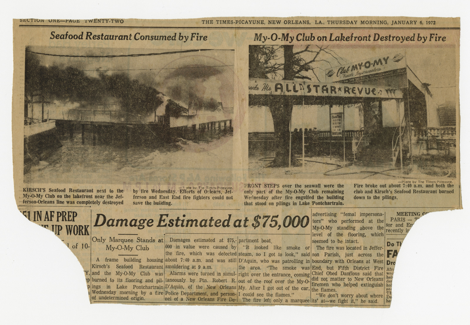 A newspaper clipping on the 1972 fire that destroyed Club My-O-My, including a picture of the charred remains.