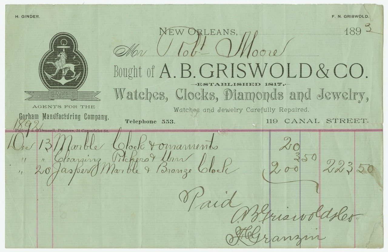 A vintage receipt from A.B. Griswold & Co. in New Orleans dated 1892. It details purchases of marble clock ornaments and a marble & bronze clock. The total is $23.50, marked as paid. The document includes a horse and rider logo.