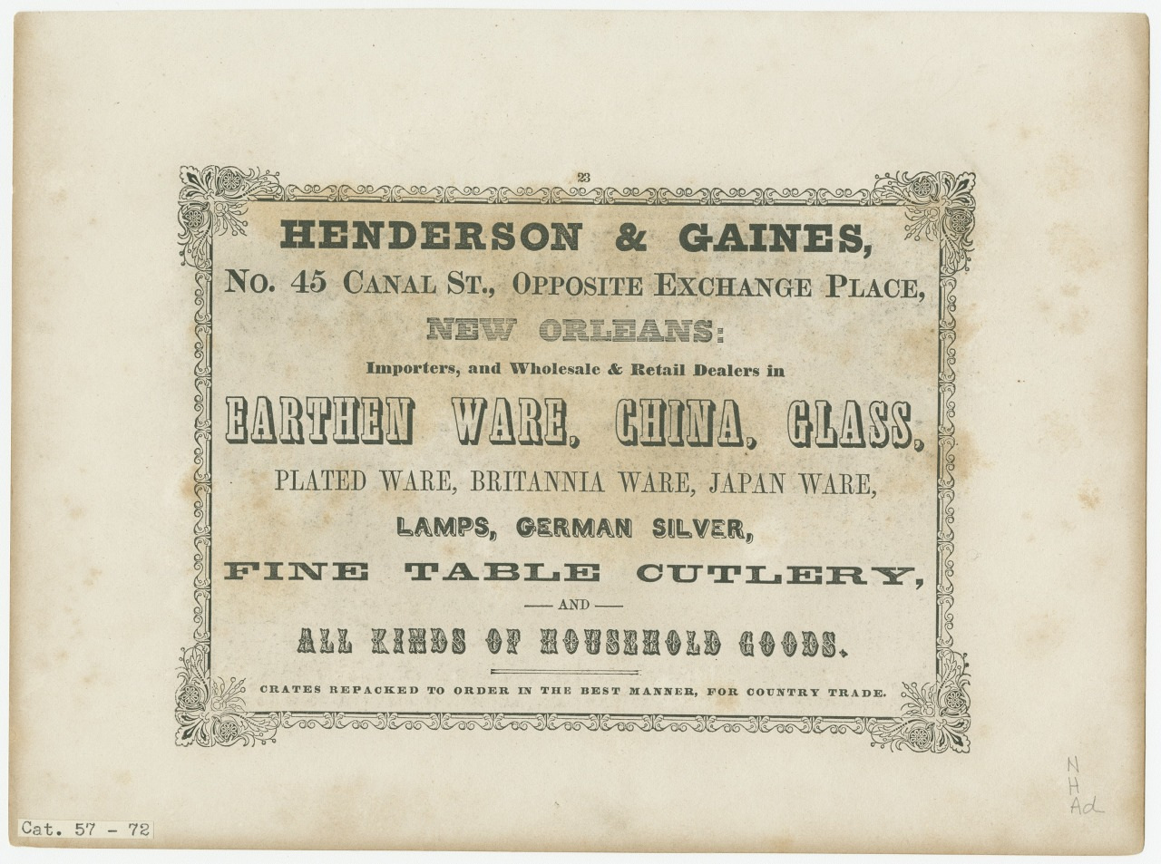Vintage advertisement for Henderson & Gaines, dealers in earthenware, china, glass, cutlery, and household goods at No. 45 Canal St., New Orleans. Features ornate decorative border and text detailing products like plated ware and lamps.
