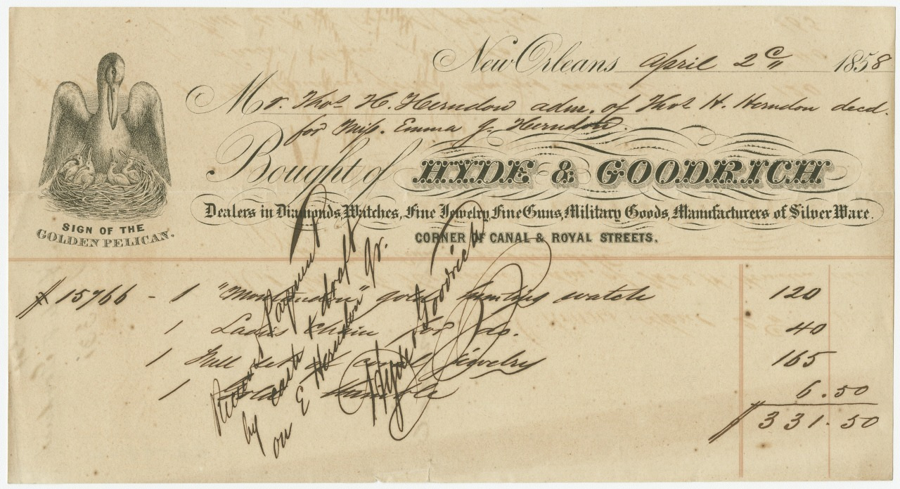 An 1858 receipt from Hyde & Goodrich in New Orleans for purchased items including a mourning ring and earrings, totaling $331.50. Features a pelican illustration and handwriting details.