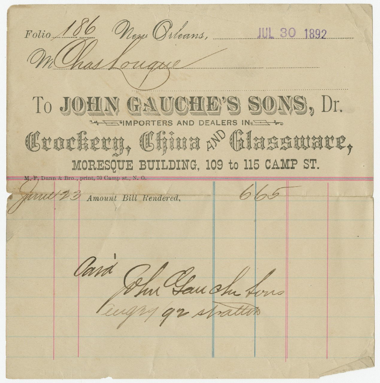 A vintage receipt from July 30, 1892, issued by John Gauches Sons, importers and dealers in crockery, china, and glassware in New Orleans. It documents a transaction amounting to $6.65, signed by John Gauche Jr.
