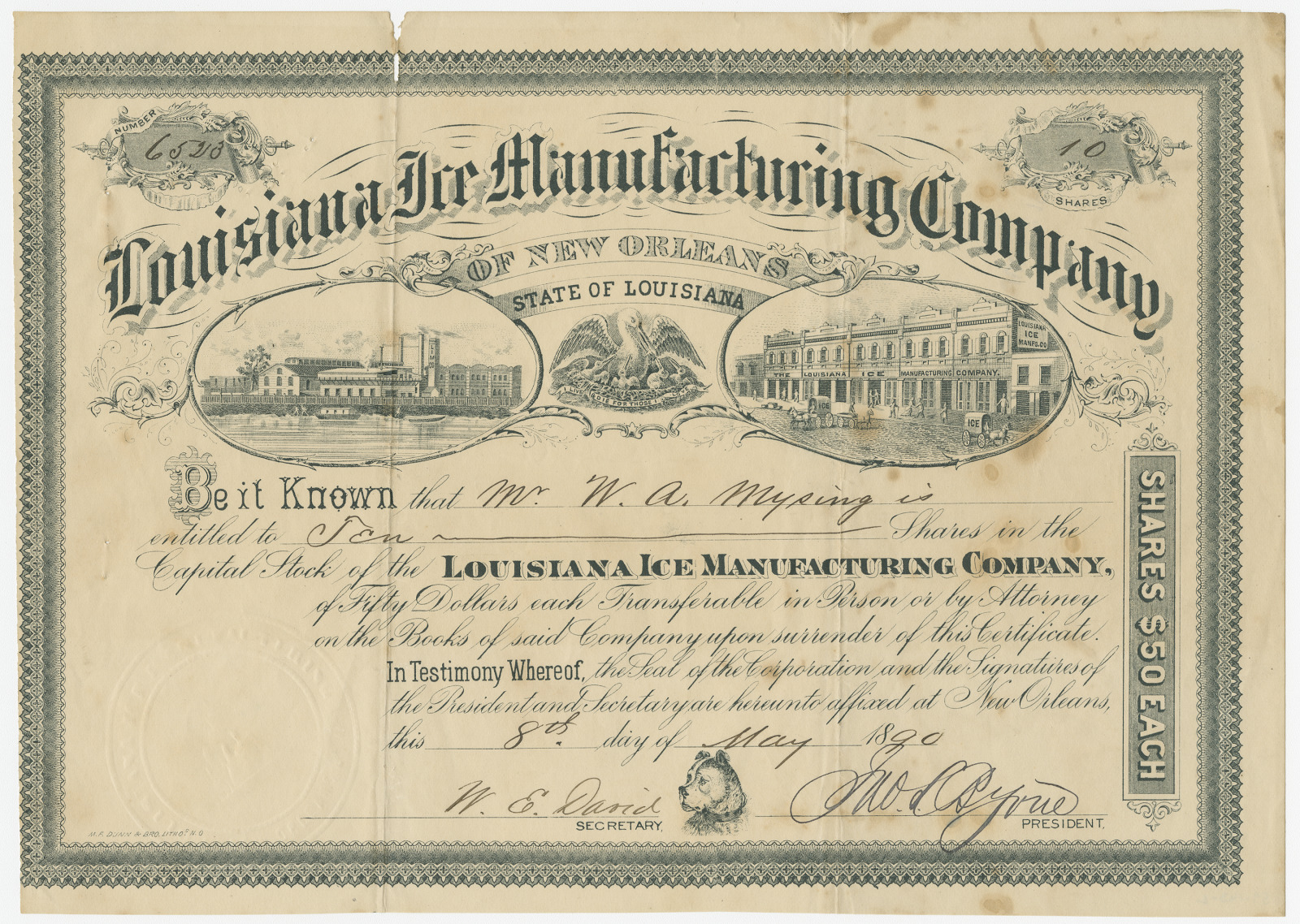 A certificate of a Louisiana Ice Manufacturing Company depicting illustrations of the factory and the Louisiana State flag's pelican emblem.