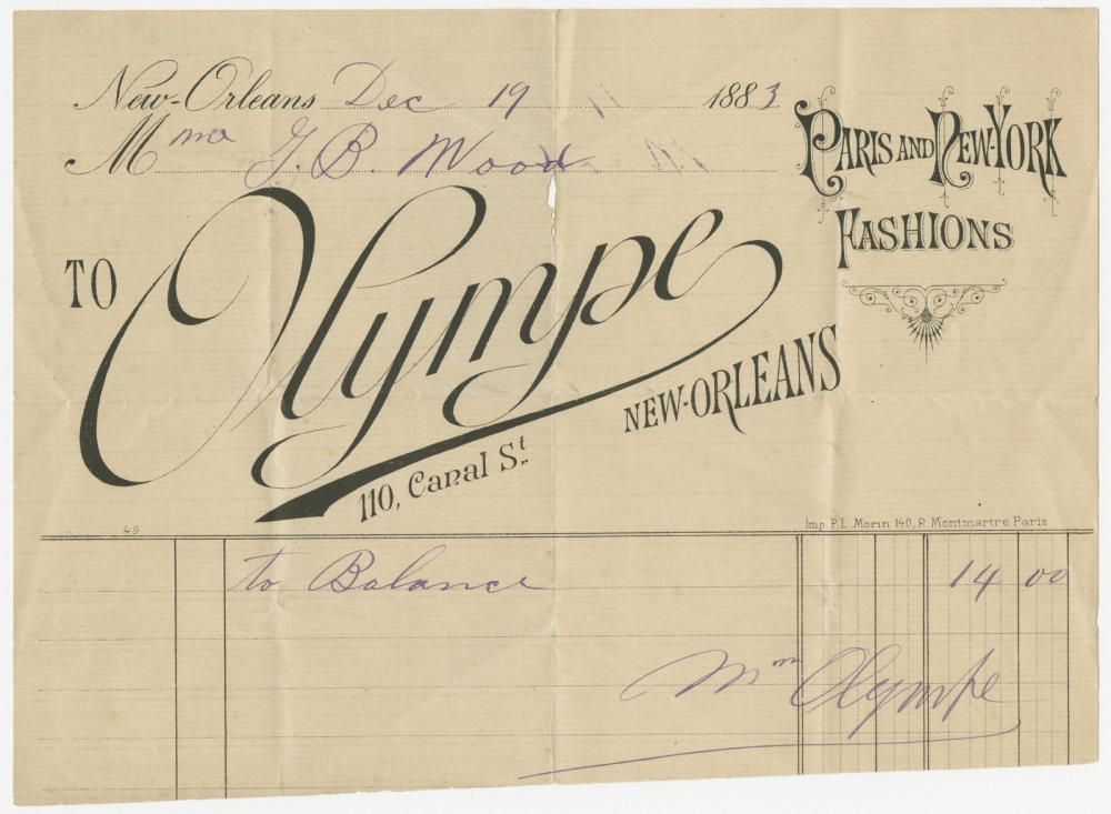 A vintage 1883 invoice from Paris and New York Fashions, Olympe, 110 Canal St., New Orleans. It is addressed to Mrs. S.D. Moore and includes handwritten details about a balance of $14.00.