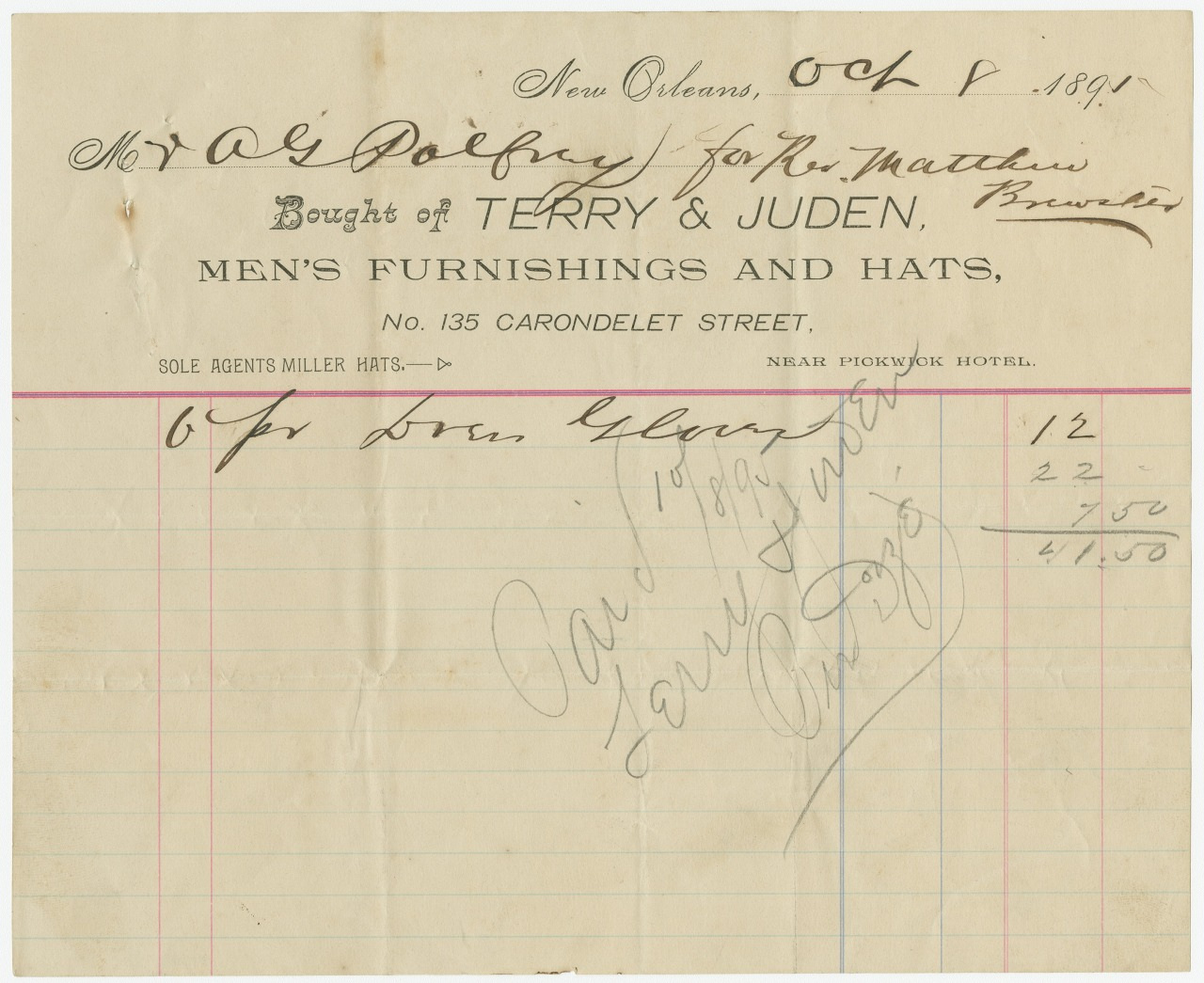 Antique receipt dated October 1, 1891, from Terry & Judens Mens Furnishings and Hats in New Orleans. Includes handwritten details of purchases and a handwritten note in the bottom right corner.