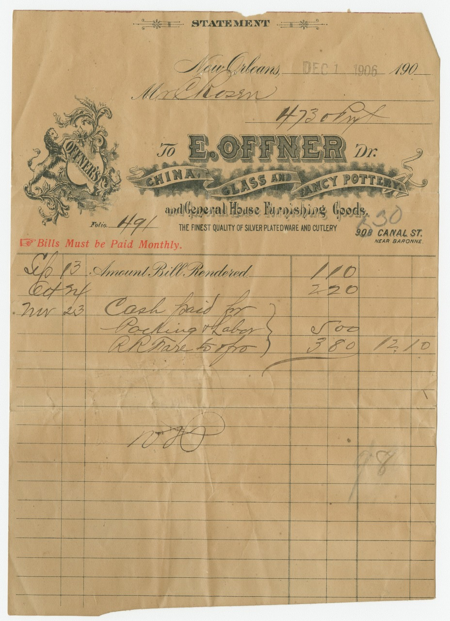 A vintage 1905 invoice from E. Offner in New Orleans, detailing a purchase of china, glass, and pottery goods. It features handwritten items, prices, and a total at the bottom. The paper has a decorative letterhead and is dated December 1, 1905.