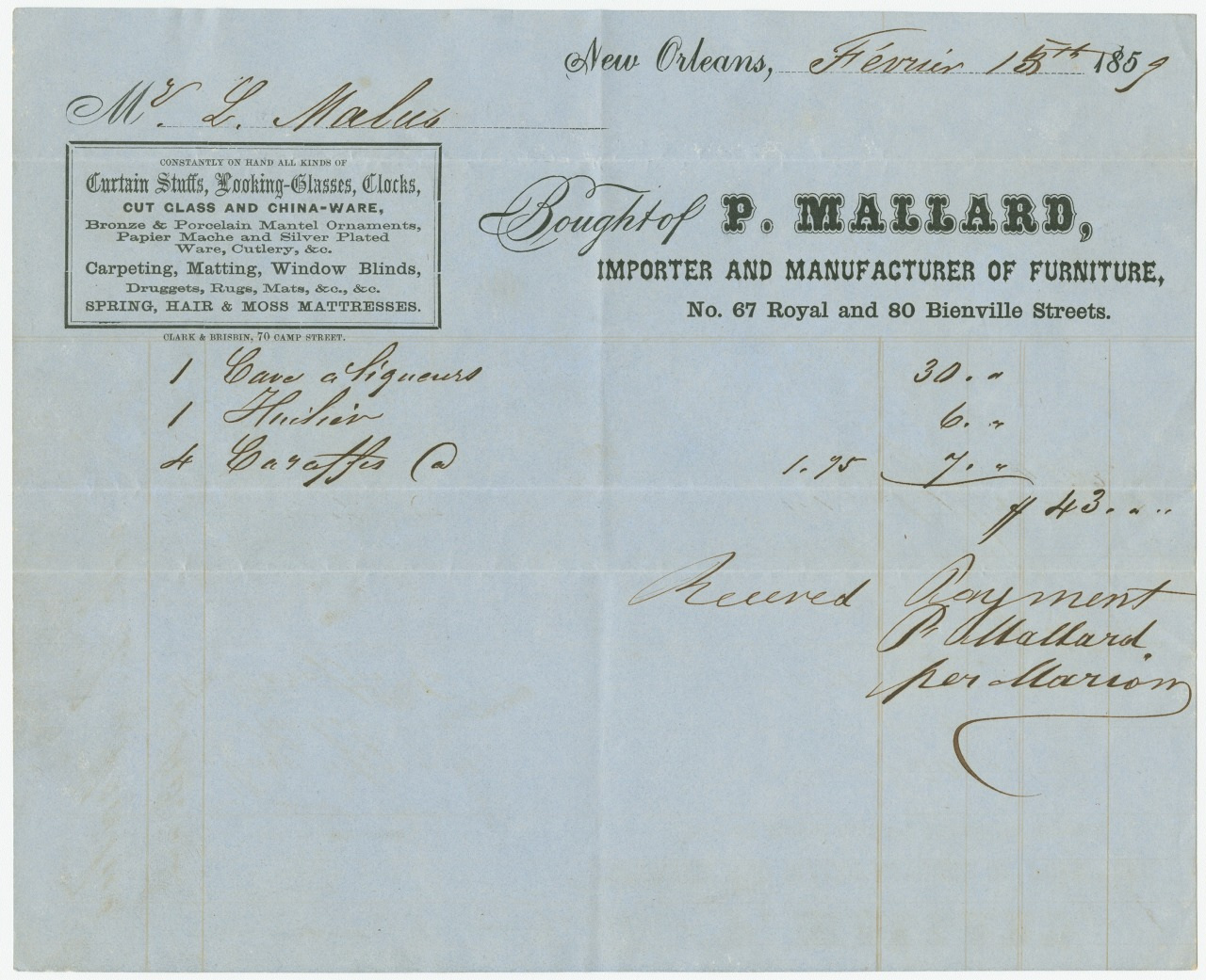 A receipt dated February 15, 1859, from P. Mallard, an importer and manufacturer of furniture in New Orleans. Items listed include cane dozes, a shackle, and castors, totaling $43. The document is signed by P. Mallard.