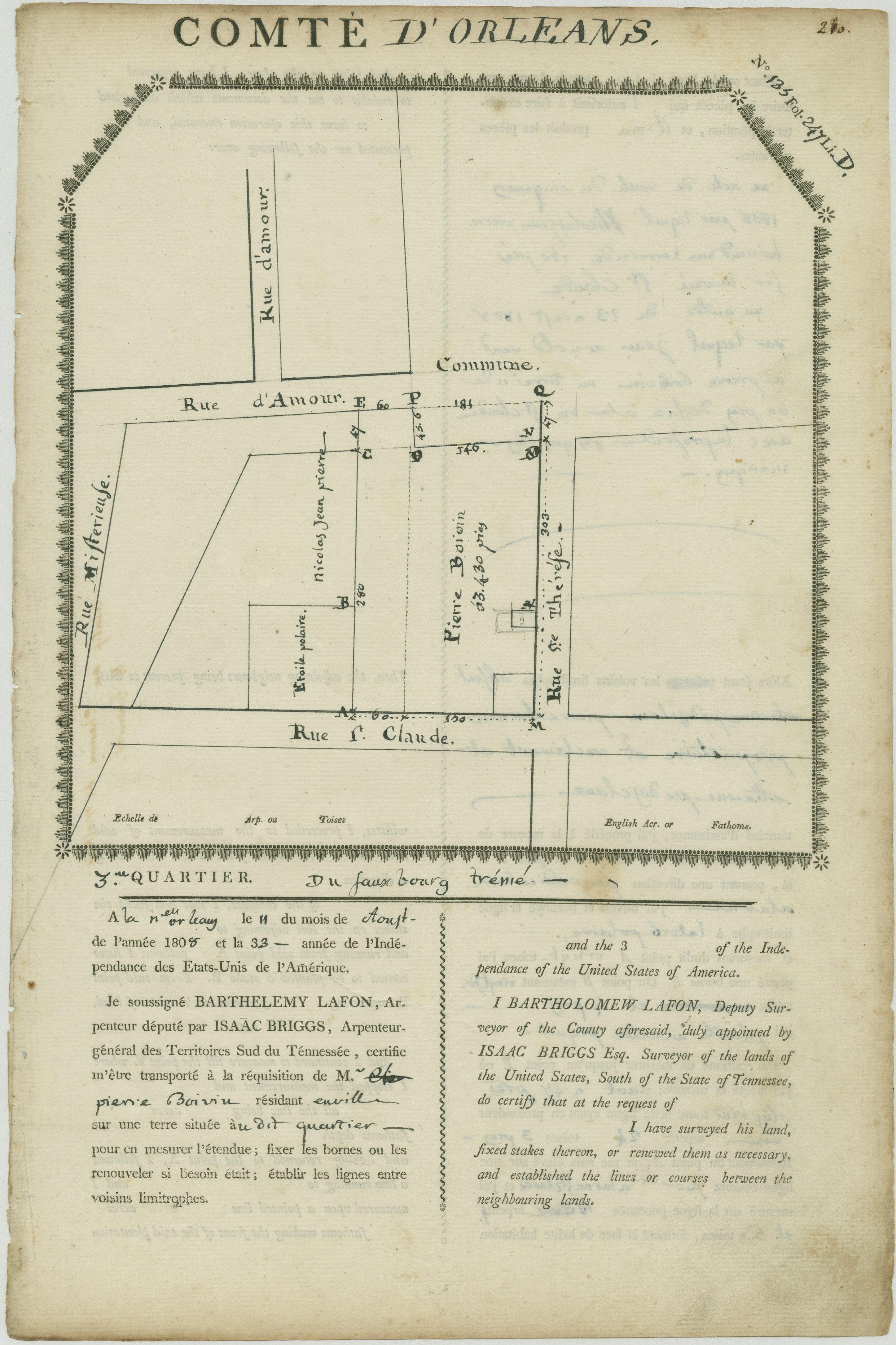 A historical map titled Comté dOrléans with hand-drawn streets and labels, depicting a plan for an area with detailed measurements and annotations in French. The border features decorative elements.