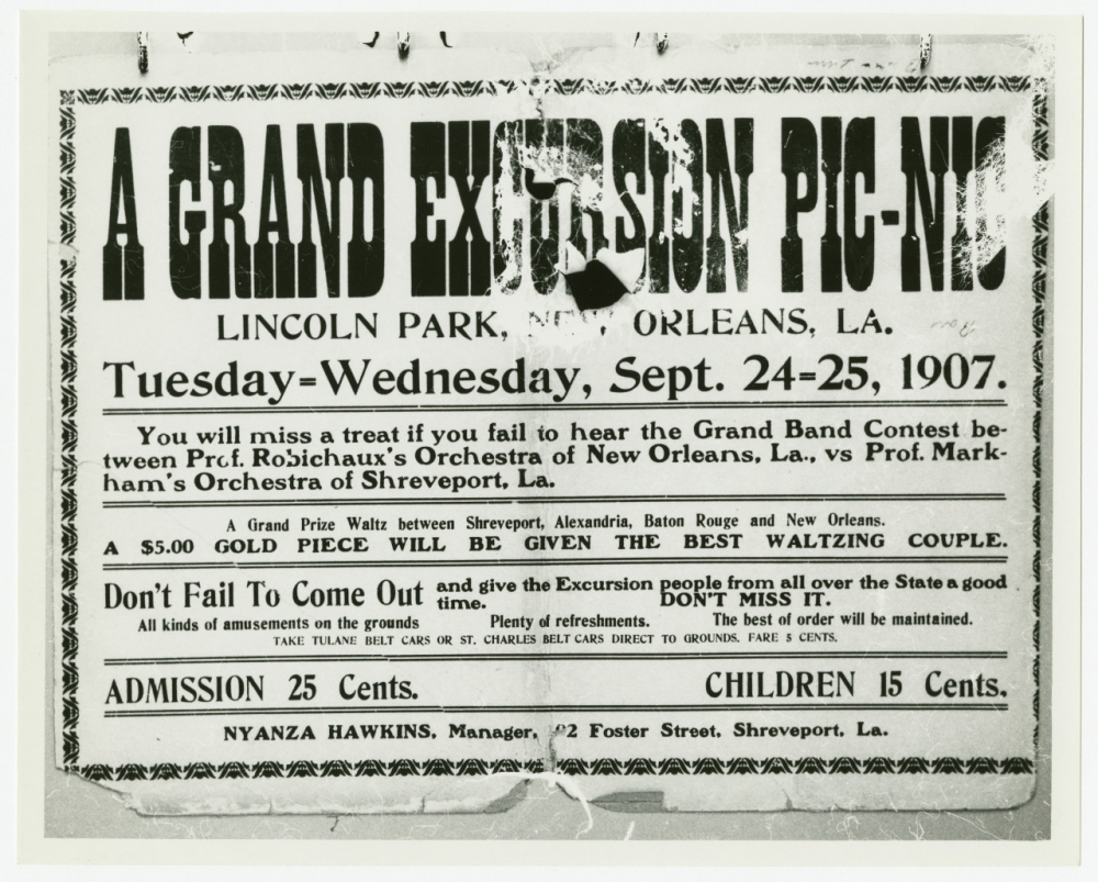 A black and white vintage poster advertising A Grand Excursion Pic-Nic at Lincoln Park, New Orleans, LA, on September 24-25, 1907. Features orchestras, prizes, and admission details. Includes transportation options and contact information for Nyanza Hawkins.