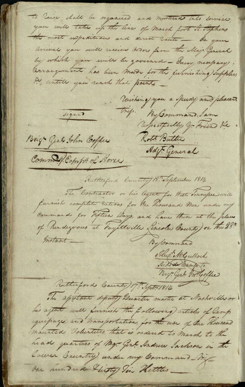 A handwritten letter with formal script on aged paper, containing a signature at the bottom. The text discusses military matters and logistics, dated September 19, 1814, with references to a commander and specific geographic locations.