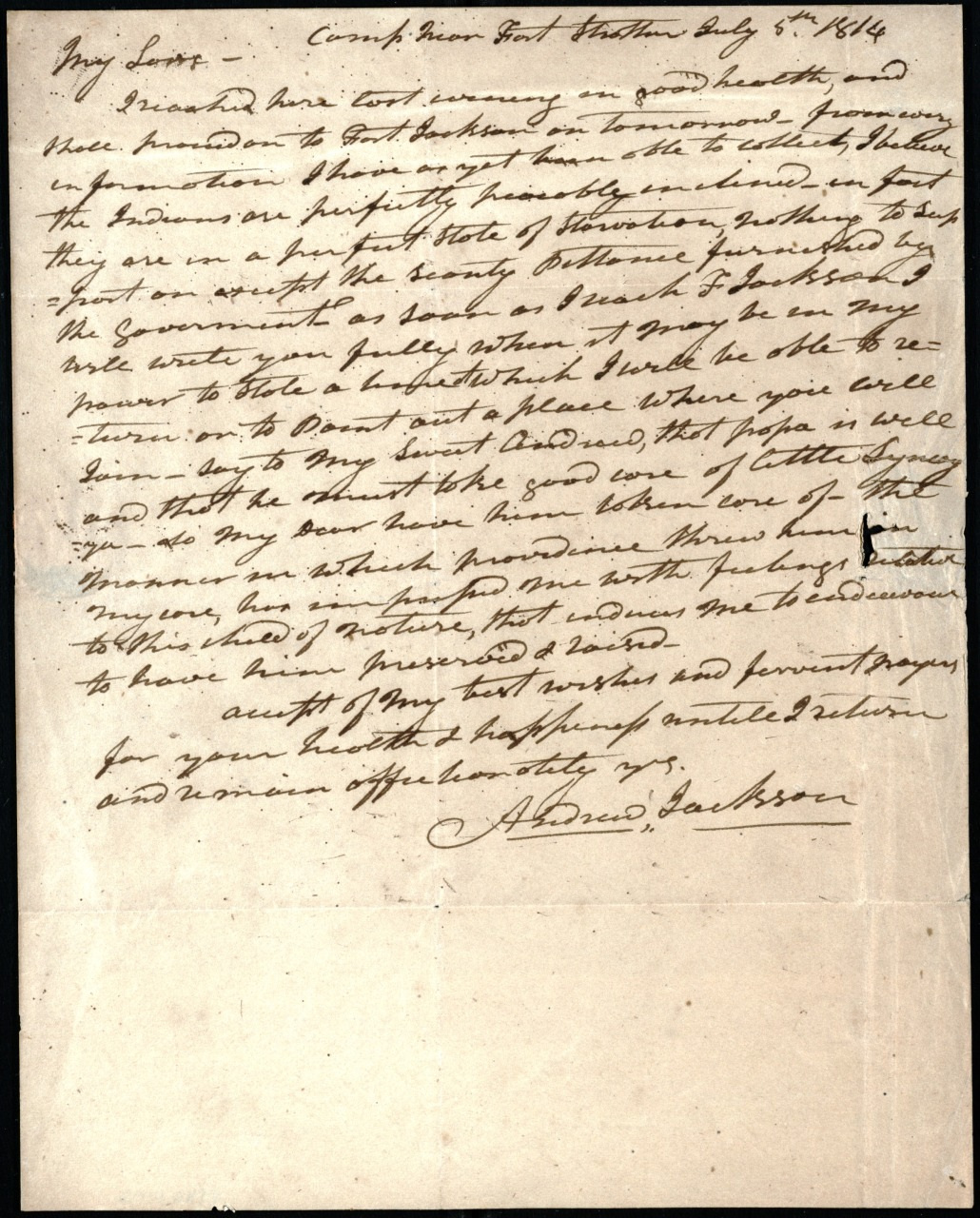 Handwritten letter dated July 4, 1814, on aged paper. The text is in cursive script, written by someone named Andrew Jackson. The letter is addressed to My love and discusses topics such as health and travel.