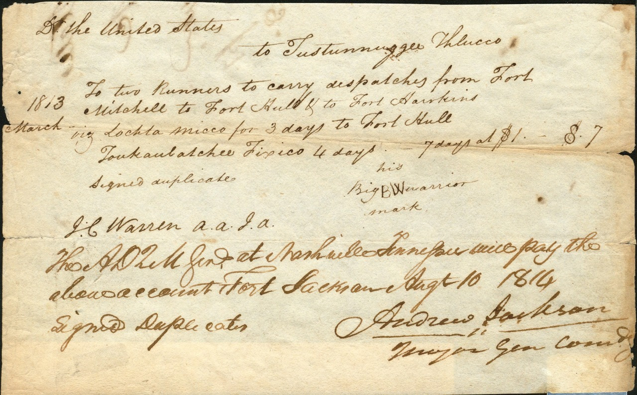 An old letter with cursive handwriting authorizing payment to the Tuchannenzes tribe for guiding from Fort Strother to Fort Williams, dated March 10, 1814. Signed by Andrew Jackson as Major General Command.