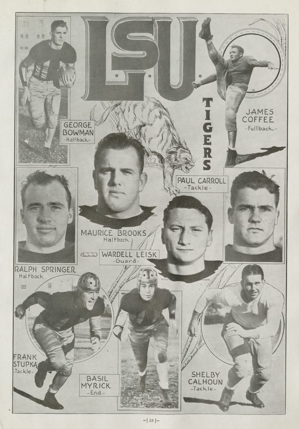A designed selection of LSU football player portraits from the 1936 Sugar Bowl program.