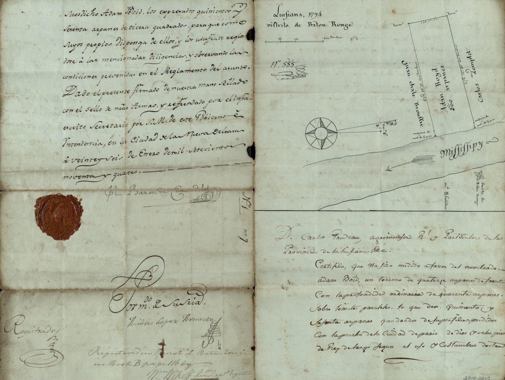 An old handwritten document with faded ink, featuring paragraphs of text, a wax seal, and a simple map or diagram on the right side. The paper shows signs of age, including creases and discoloration.