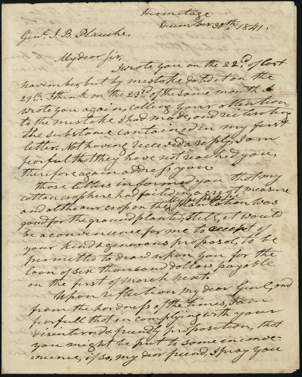 A handwritten letter dated December 5, 1841, addressed to Gen. J.B. Brasher. The text is written in cursive on aged paper. The letter discusses previous correspondence and requests made by the sender.