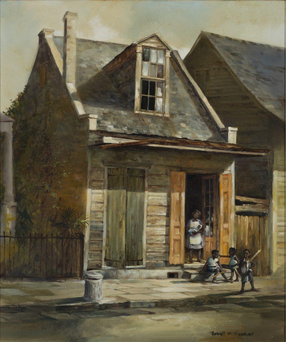 A painting of a rustic wooden house with a gabled roof. A woman stands in the doorway, and two children play with sticks in front. The scene depicts an urban street with a trash can and some foliage on the side.