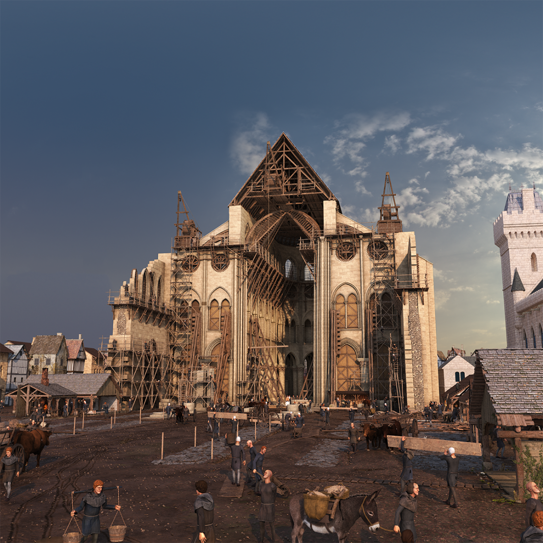 A bustling medieval construction site features workers and masons constructing a large Gothic cathedral with wooden scaffolding. Horses and carts are present, and nearby buildings suggest a village setting under a partly cloudy sky.