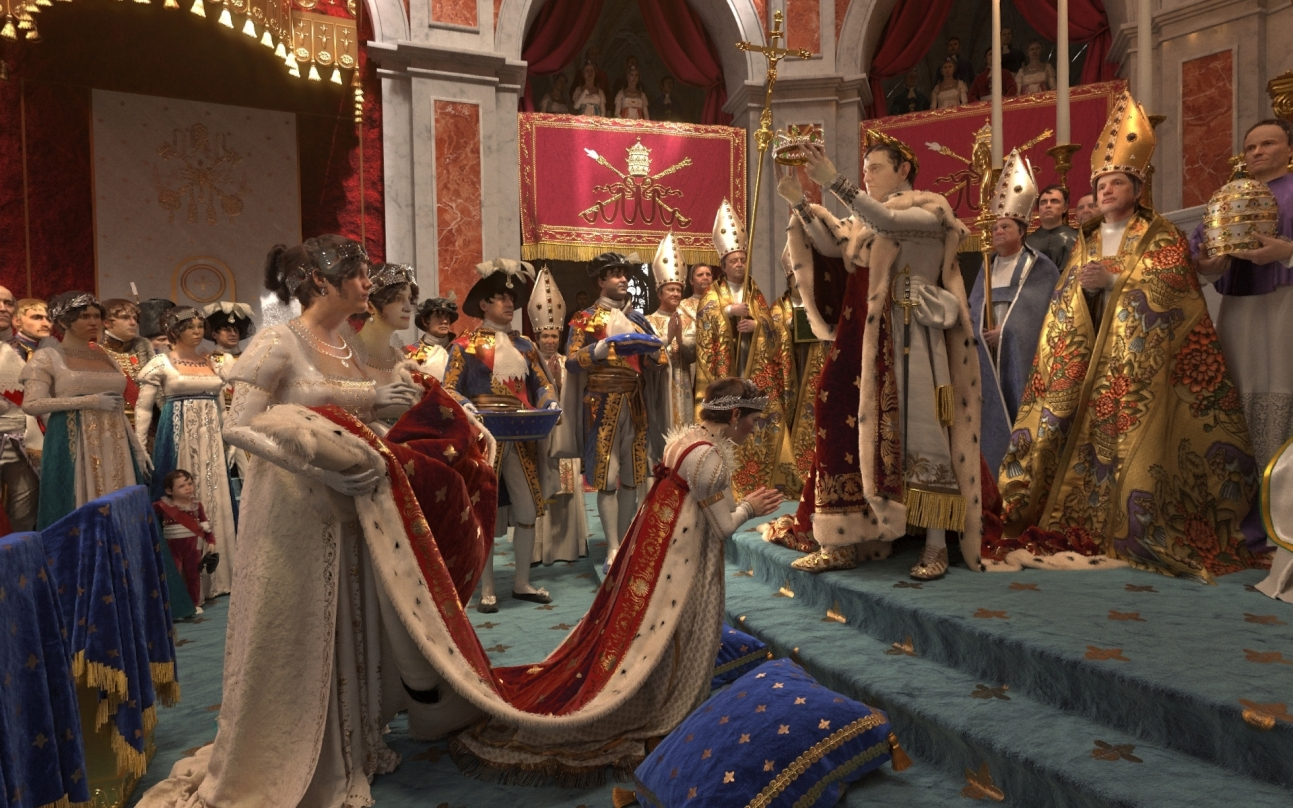 A regal ceremony depicting a coronation scene with a royally dressed figure placing a crown on another kneeling figure. Attendees in elaborate robes watch the event in a richly decorated hall adorned with red and gold drapery.