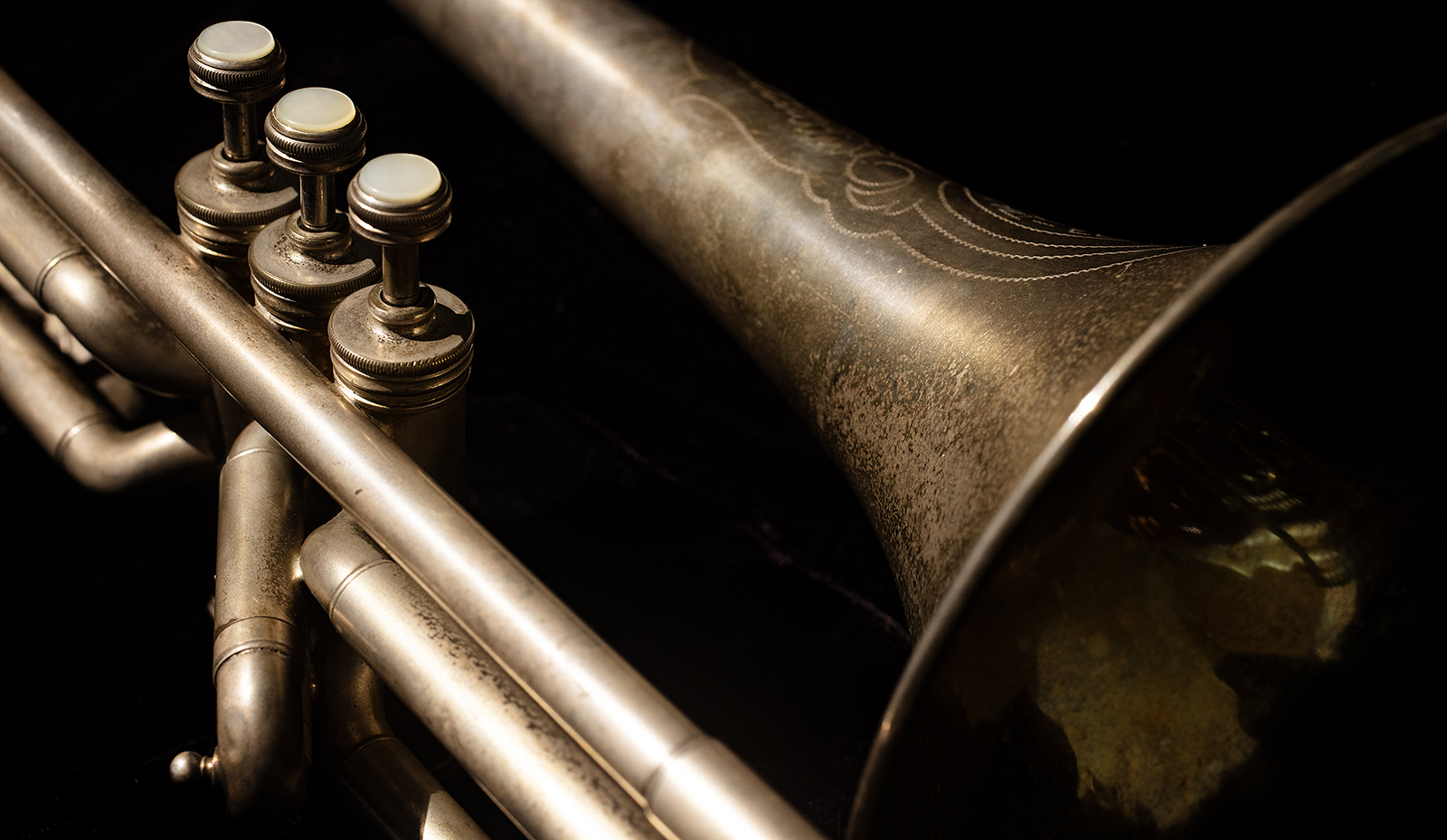 A close up of Kid Ory's valved trombone.