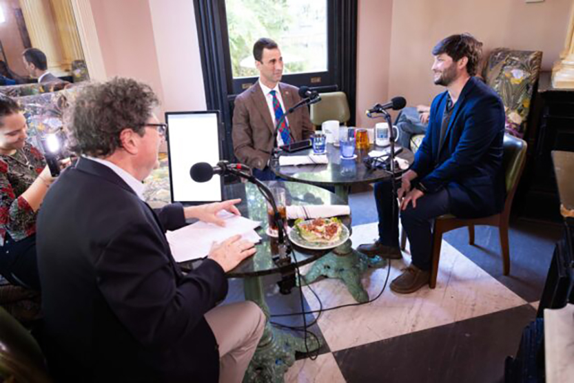 A view of Daniel Hammer being interviewed on "Out To Lunch" with Peter Ricchiuti.