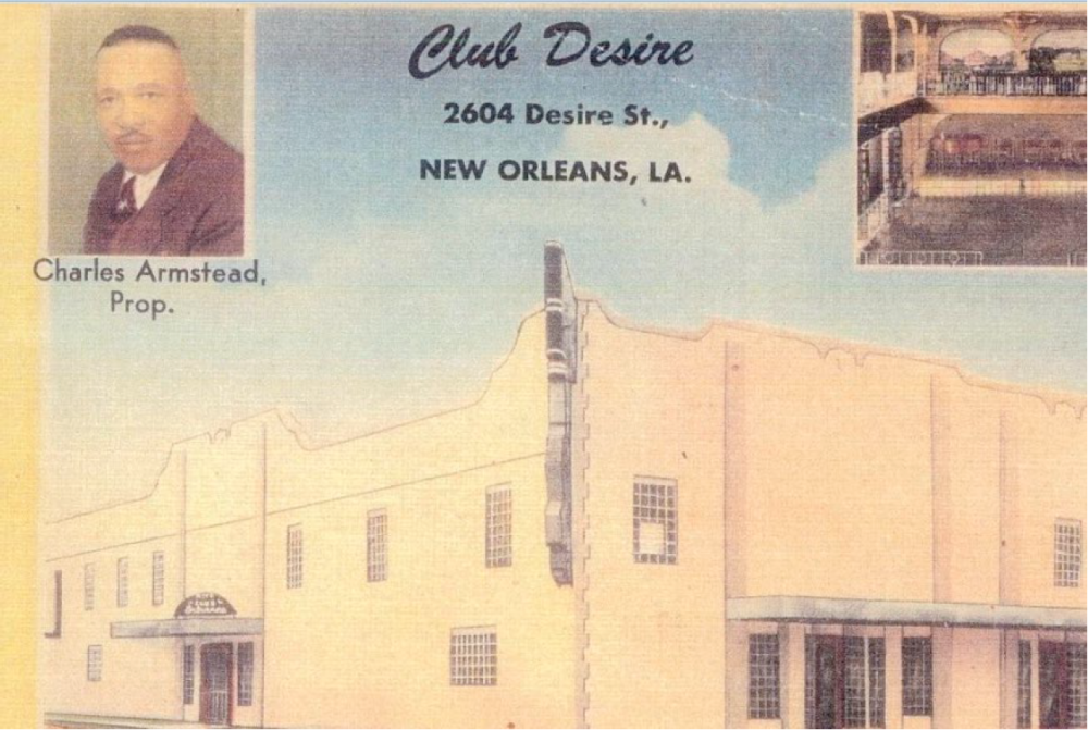 Vintage postcard of Club Desire at 2604 Desire St., New Orleans, LA. Features an illustration of the club and small inset images of a man labeled Charles Armstead, Prop., and the clubs interior.