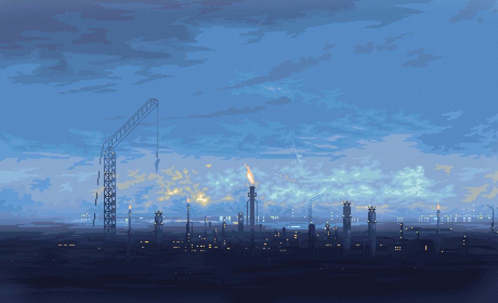 A pixel art scene of an industrial skyline at dusk. The image features several tall chimneys emitting smoke and fire, with a crane on the left side. The sky is a mix of blue and gray clouds, suggesting an approaching evening or storm.