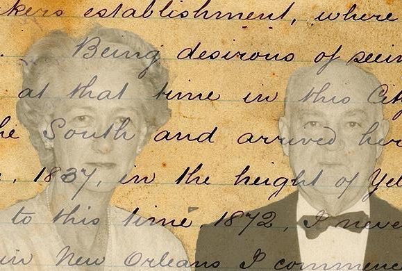 A black and white photograph of an elderly woman and man is overlaid with handwritten text on a yellowed paper background. The text is partially visible, with some words obscured by the image of the couple.