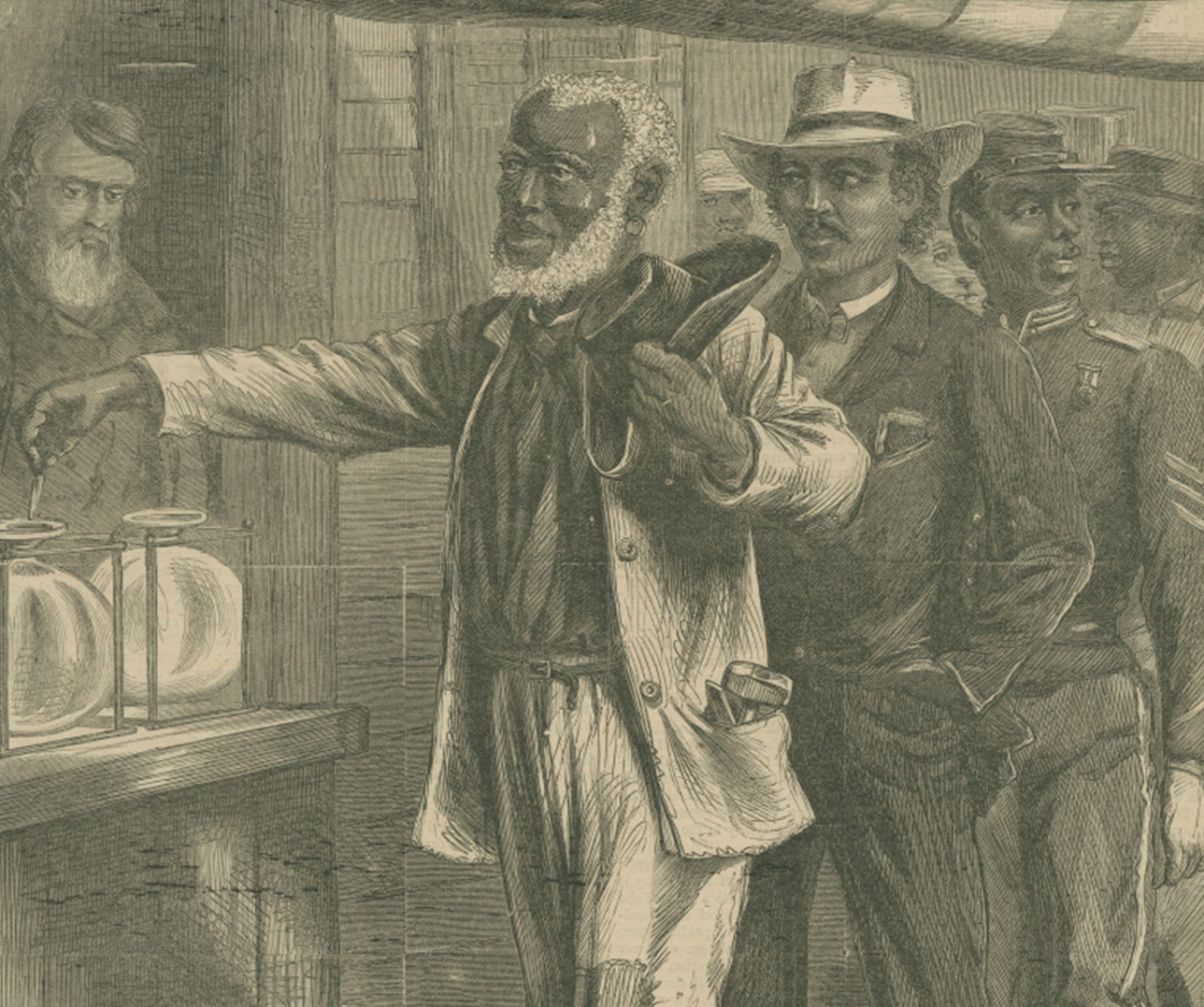 A black and white illustration of a bearded man casting his vote at a ballot box. He is followed by a diverse line of men, including a man in a suit and others in military uniforms. A person behind the counter observes the voting process.