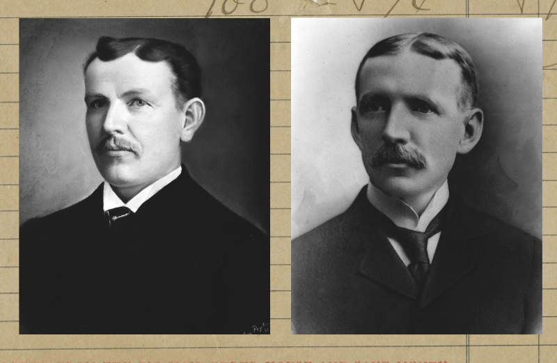 Two black and white portraits of a middle-aged man with a mustache, wearing a dark suit and tie. The background is plain in both images, with one slightly faded and handwritten notes visible above them.