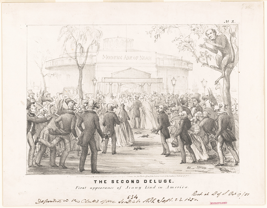 A drawing titled The Second Deluge features a crowd gathered outside a building labeled Modern Ark of Noah. People excitedly point and gesture towards the entrance. A figure sits in a tree watching the scene unfold.