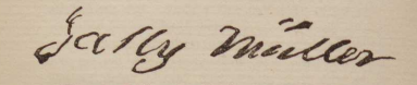 Handwritten signature in cursive that appears to spell Jolly Miller on a beige background.