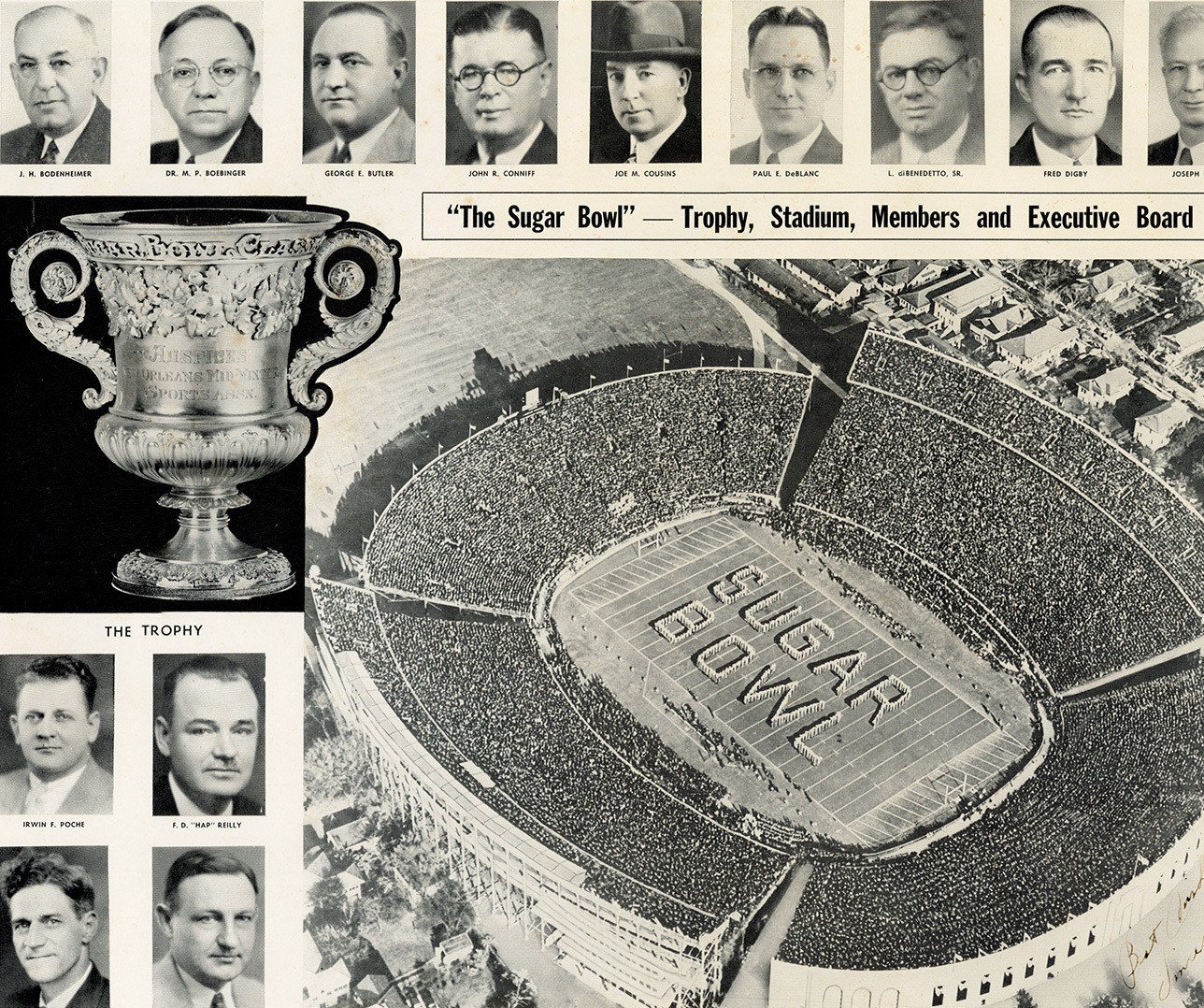 A black and white collage featuring headshots of men above a photo of a stadium with Sugar Bowl written on the field. A prominent trophy is shown on the left, labeled The Sugar Bowl with additional smaller portraits below.