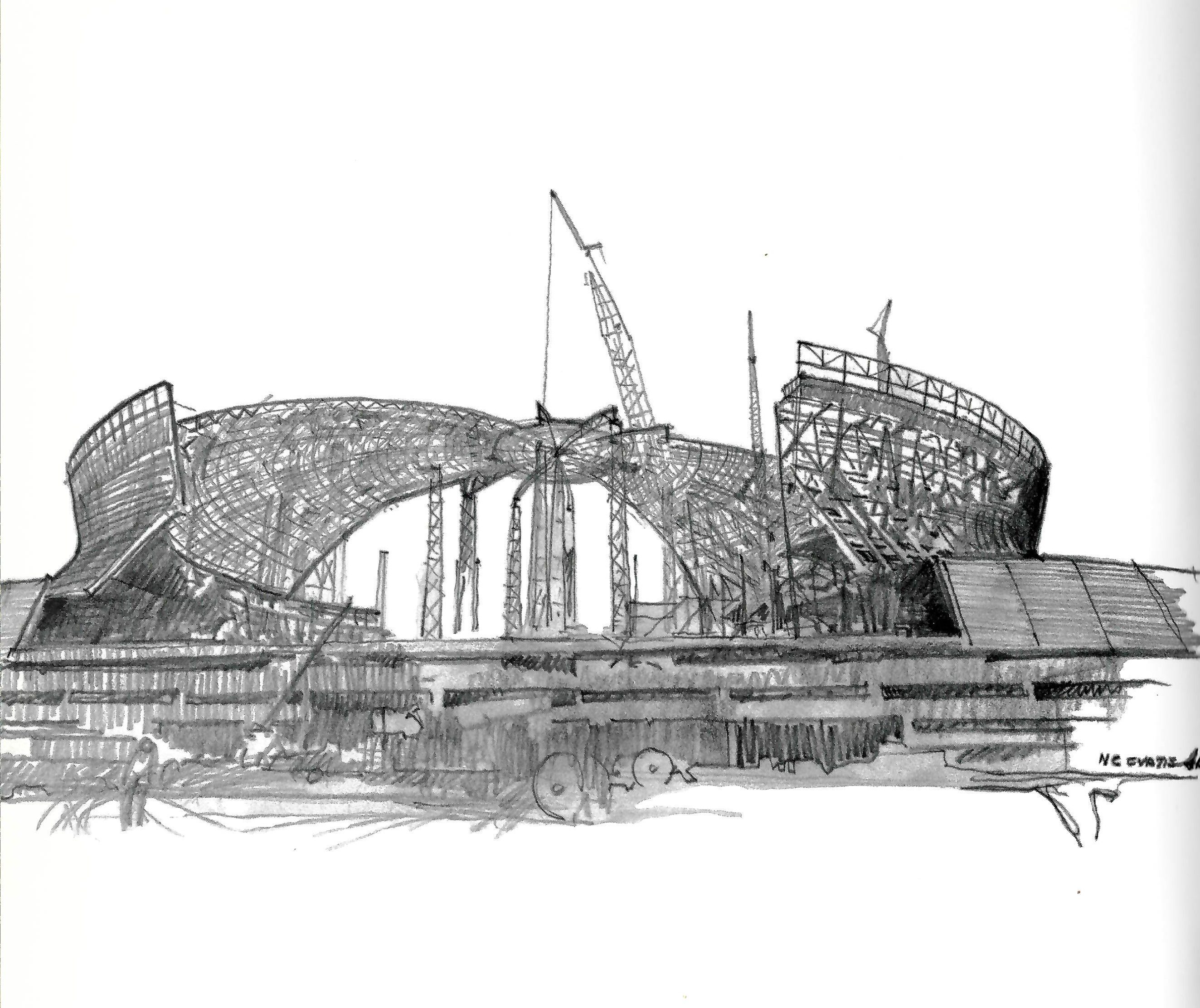 A black and white pencil illustration depicts the construction of the Superdome, showing the steel exterior and cranes in the center.