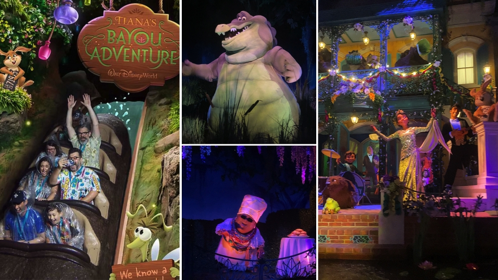 A collage of Tianas Bayou Adventure ride at Disney World. Features people on a log ride, a smiling alligator, animatronic characters in costumes, and a colorful nighttime scene with lights and decorations.