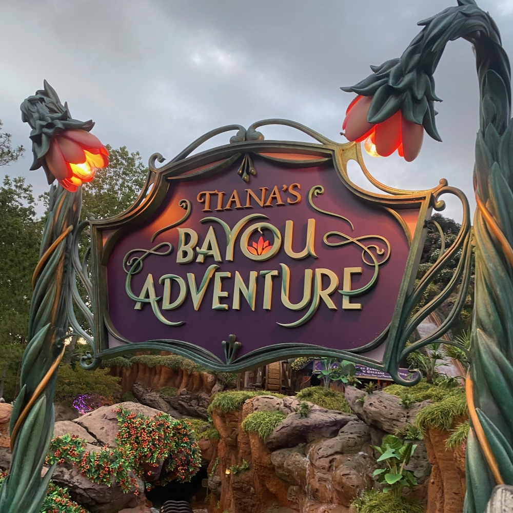 A whimsical sign reading Tianas Bayou Adventure is framed by intricate plant-like designs and lanterns shaped like blooming flowers. The background shows a lush, greenery-filled landscape.