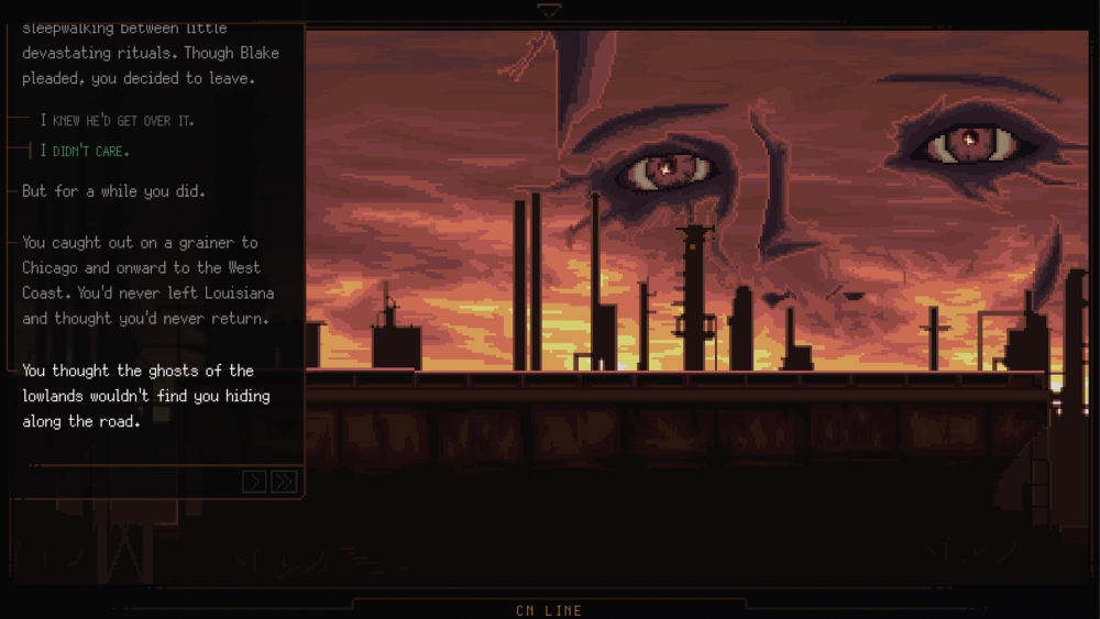 A pixel art scene depicts the silhouette of an industrial landscape against a red and orange sunset. A pair of eyes and part of a face are visible in the sky. Text on the left narrates a story about travel and escape from Louisiana.