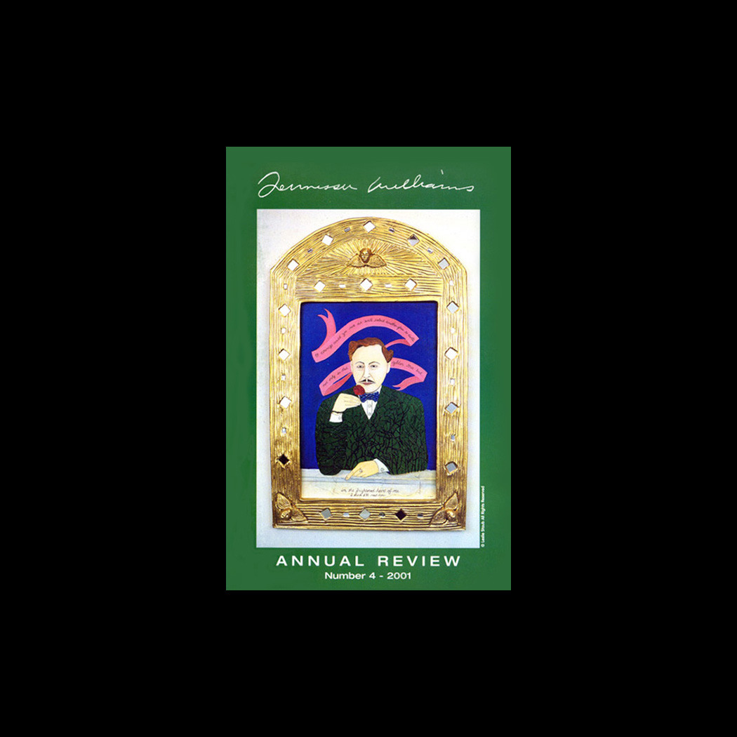 Cover of the Annual Review Number 4 - 2001, featuring an illustrated portrait of a man in a suit with a mustache, set against a blue background with red patterns, framed by an ornate, golden arch. The cover has a dark green border.
