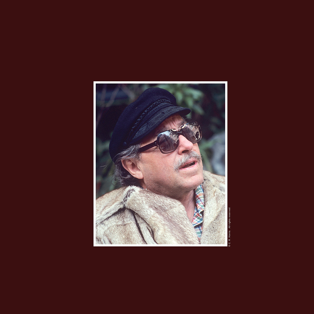 A person wearing a black cap, sunglasses, and a fur coat gazes upward. The background is dark red, and the individual is framed in the center of the image.