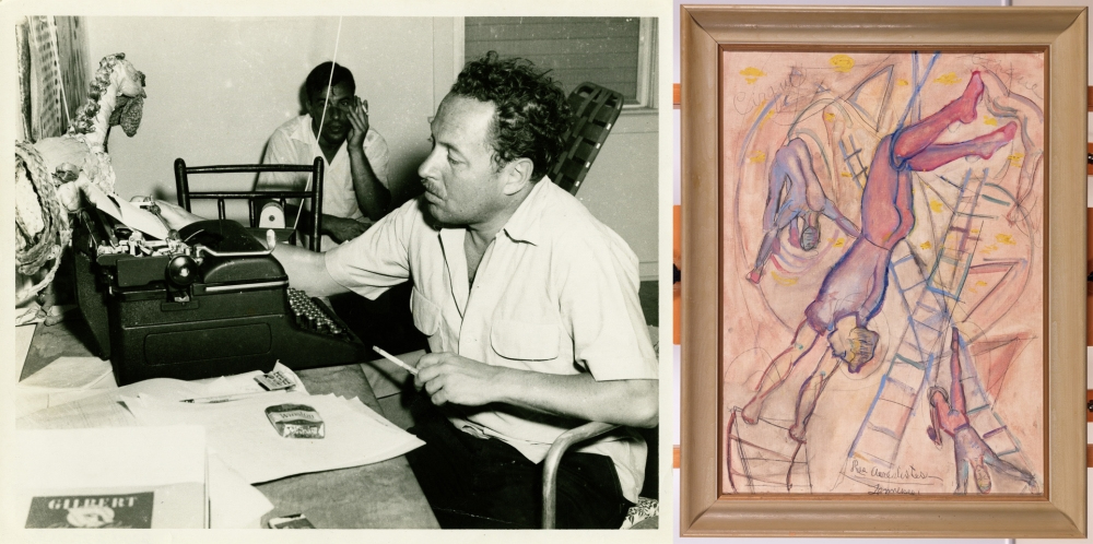 A man sits at a typewriter in an office, concentrating while holding a pencil. Papers and a model dinosaur are on the desk. Beside this, theres a colorful painting of a nude figure amidst ladders, clouds, and abstract elements in a wooden frame.