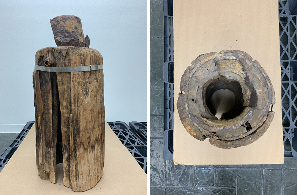 A split image showing a large, weathered wooden cylinder with metal bands on the left and a top-down view of the hollow center on the right. Both pieces appear aged with visible rust and decay.
