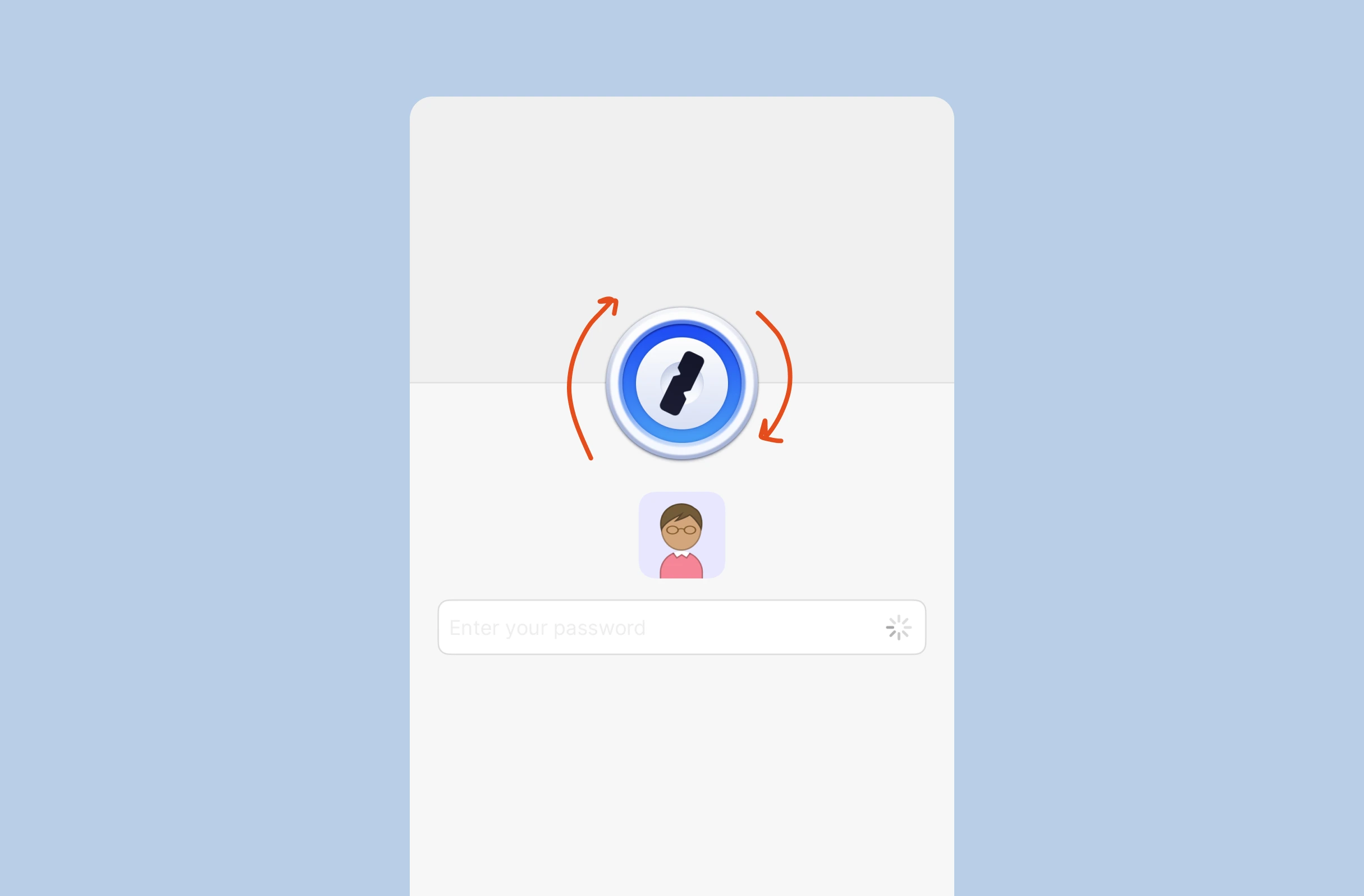 Login screen with 1Password blue circular logo highlighted by orange arrows, user avatar below, and a white password entry field on light grey and blue background.