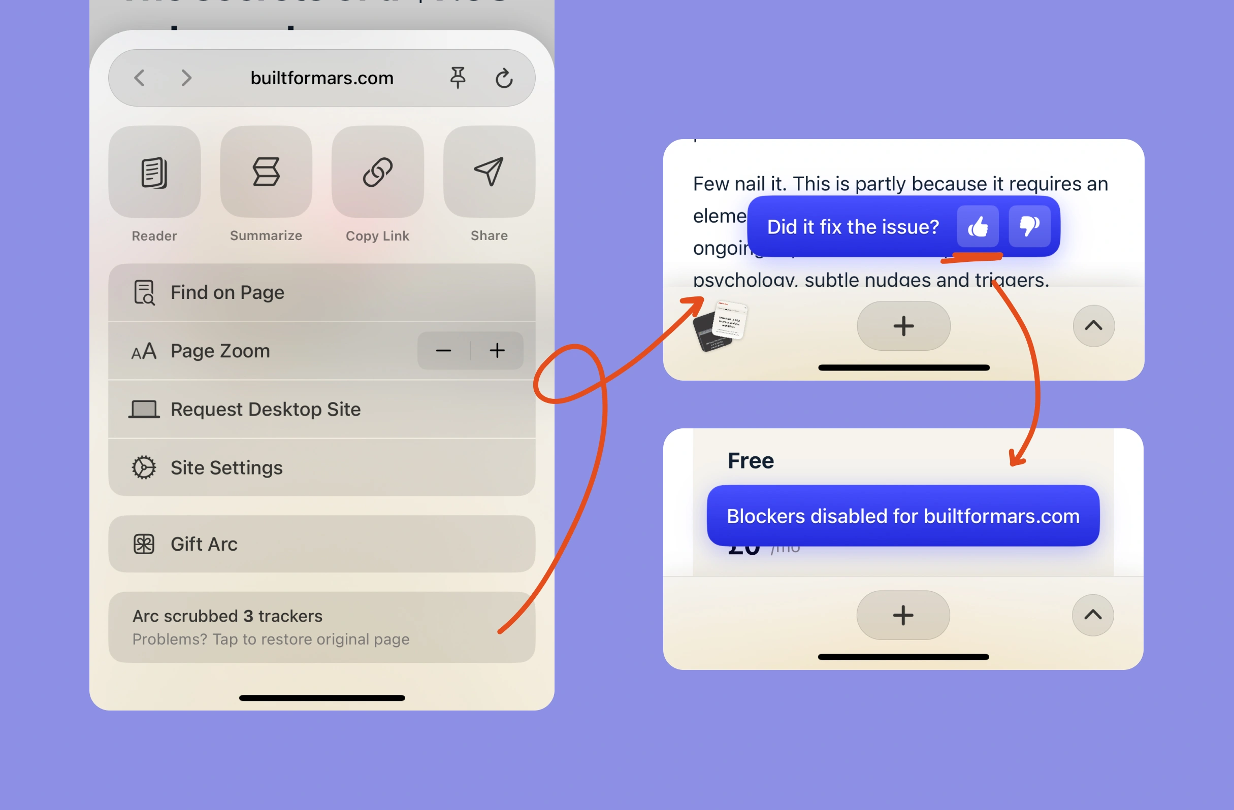 Arc browser UI on builtformars.com shows toolbar with Reader, Summarize, Copy Link, Share; underlined "Did it fix the issue?" with thumbs up/down; blue label says "Blockers disabled for builtformars.com".